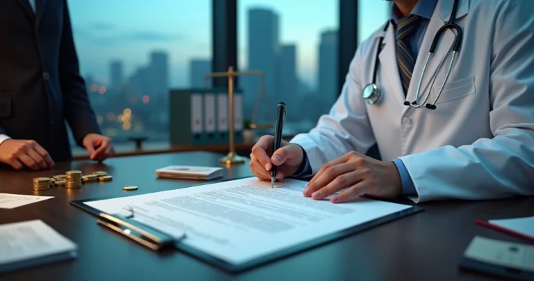 Médico ajustando contrato sobre pilha de moedas com símbolos jurídicos ao fundo
