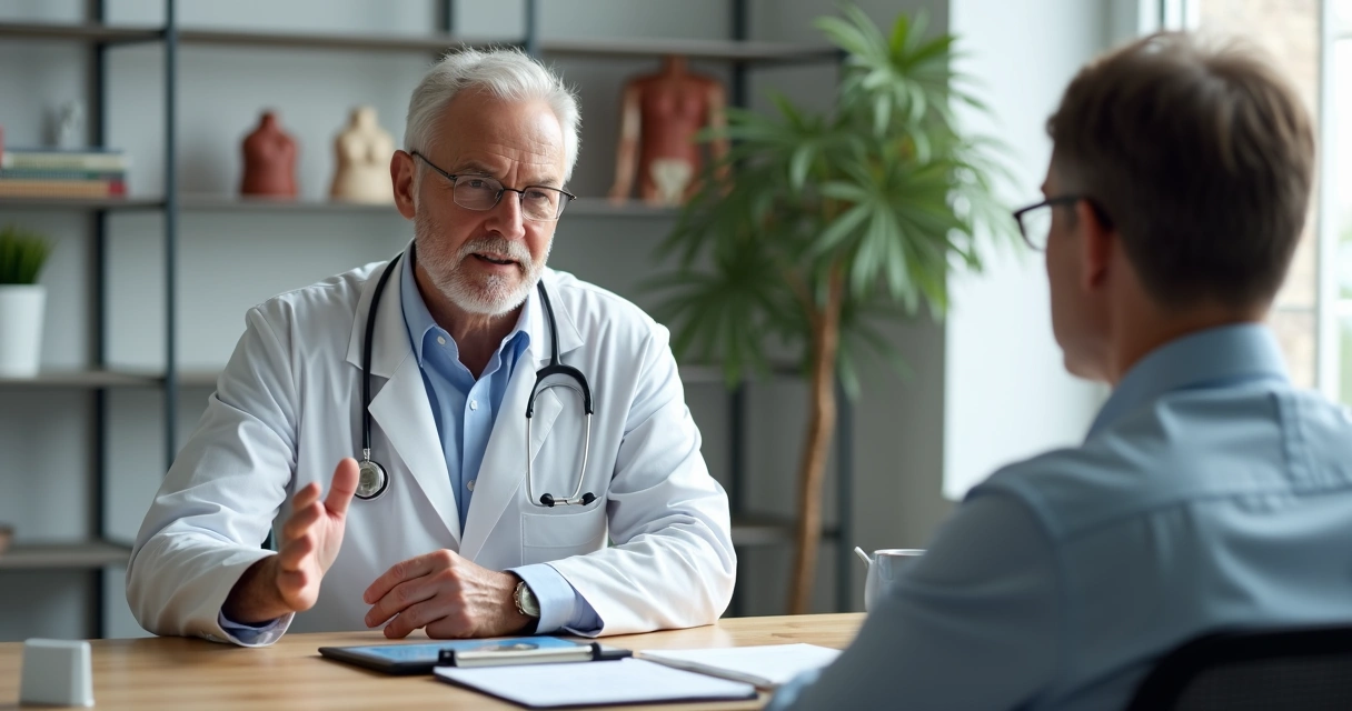 Médico conversa com paciente apontando para ilustracão de ética e regras em tablet