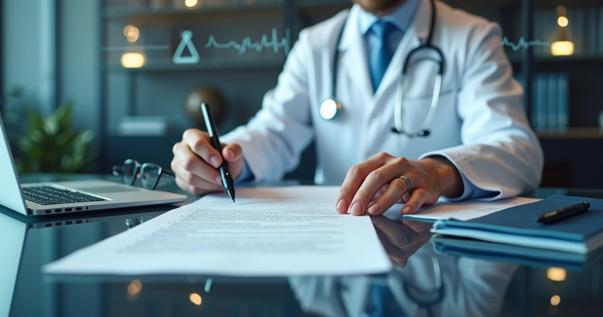 Médico revisa laudo médico detalhado com símbolos jurídicos ao fundo