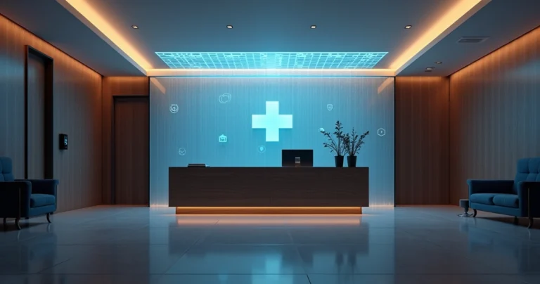 Recepção de consultório médico com discretas camadas de segurança digital ao redor