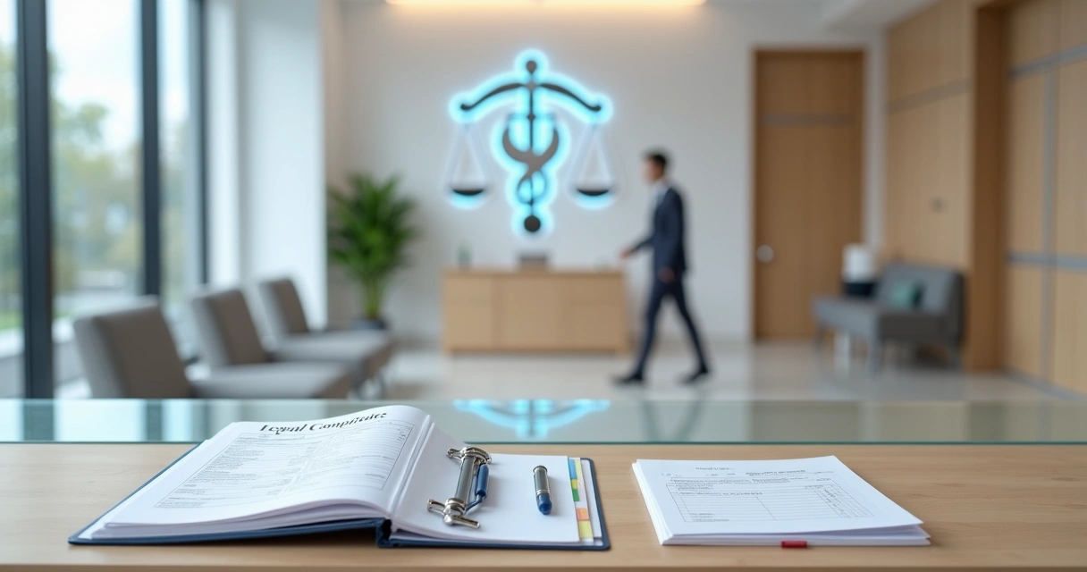 Consultório médico moderno com documentos jurídicos organizados em destaque