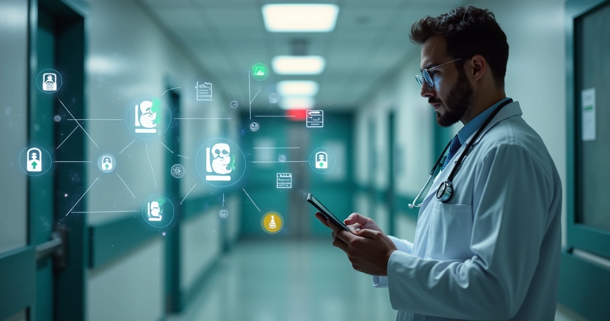 Médico observa painel digital com ícones de dados protegidos em clínica moderna