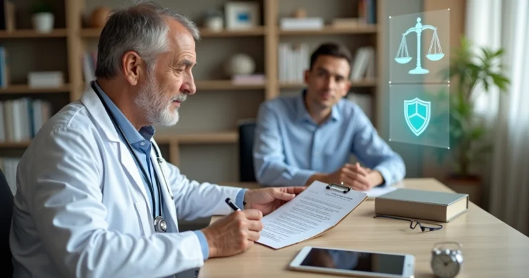 Médico e paciente sentados registrando por escrito a recusa de tratamento.