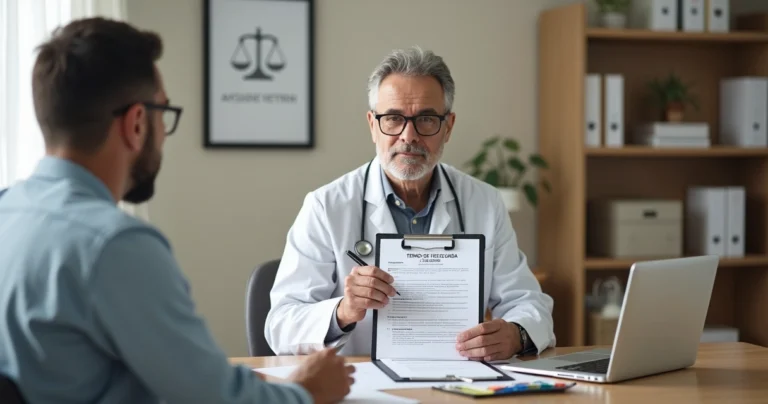 Médico e paciente sentados assinando termo de recusa em consultório