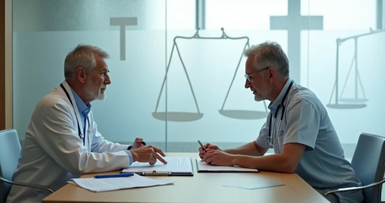 Médico e paciente sentados frente a frente analisando formulário de recusa de tratamento