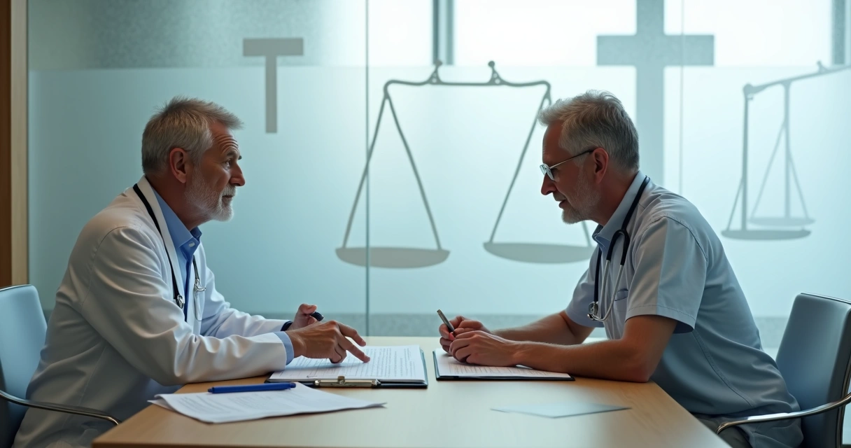 Médico e paciente sentados frente a frente analisando formulário de recusa de tratamento