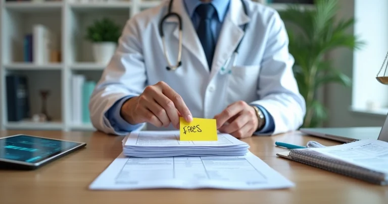 Médico em consultório organizando relatórios médicos sobre mesa com calculadora