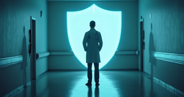 Médico observa sala escura com sombras de processos judiciais e escudo luminoso de proteção