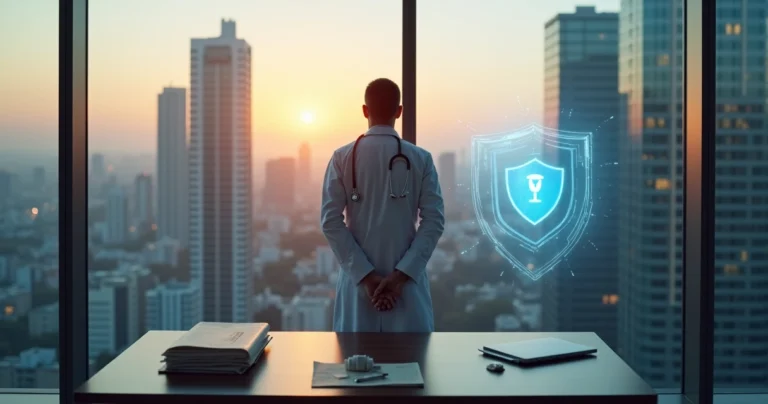 Médico observa cidade protegida por escudo translúcido