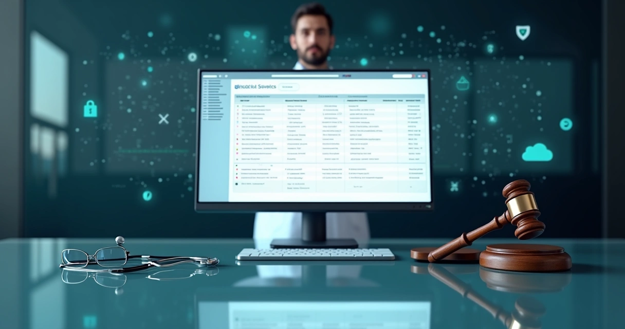 Tela de prontuário médico digital ladeada por martelo de juiz e estetoscópio