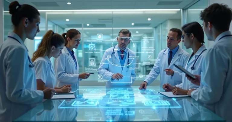 Equipe médica reunida ao redor de mesa de vidro com fluxograma clínico iluminado