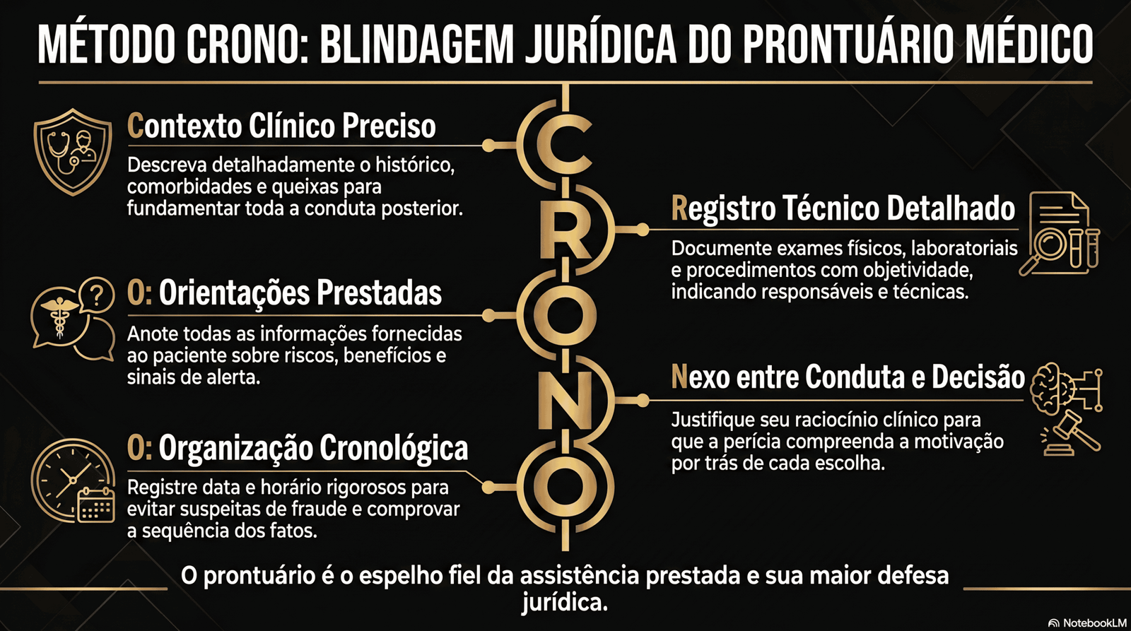 Infográfico do Método CRONO: blindagem jurídica do prontuário médico — contexto clínico, registro técnico, orientações prestadas, nexo entre conduta e decisão e organização cronológica