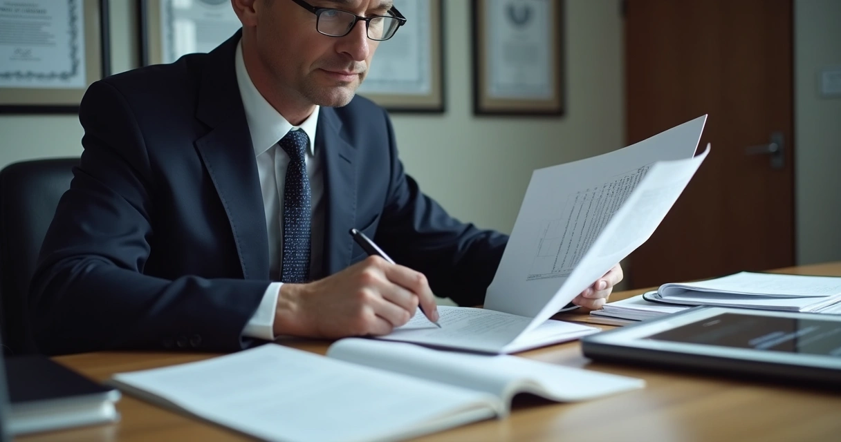 Advogado analisando documento de defesa de processo ético com livro de Código de Ética 
