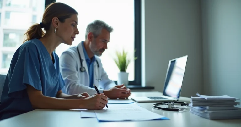 Médico e paciente revisando e assinando um contrato em consultório moderno
