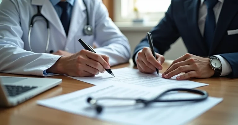 Médico e advogado assinando contrato em uma mesa