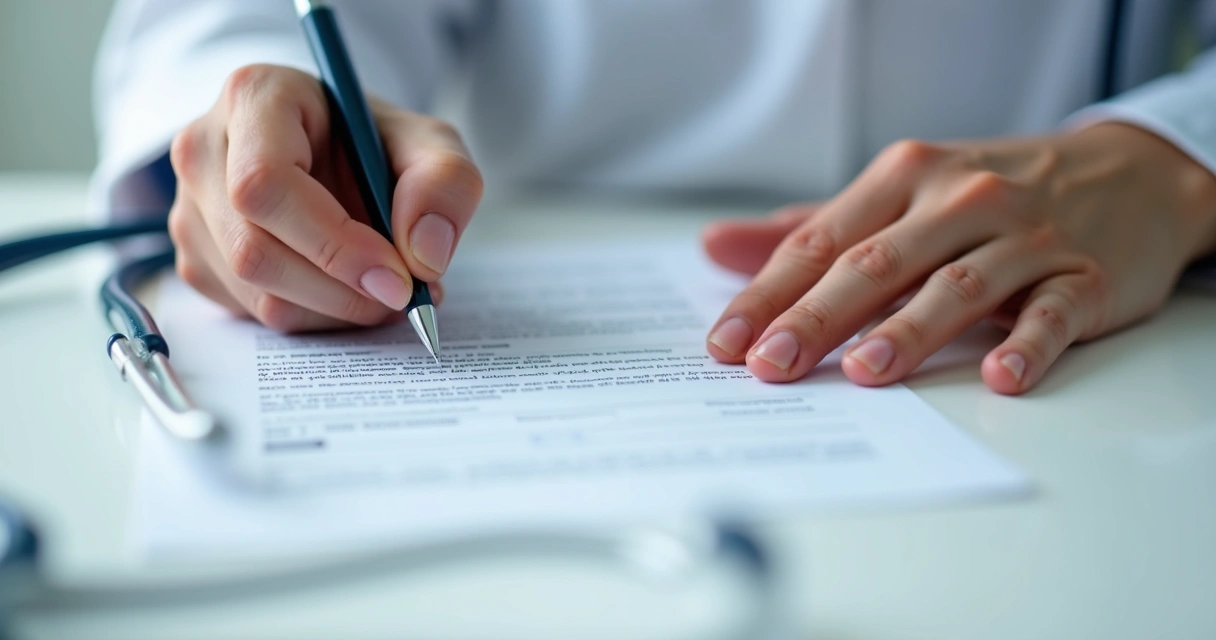 Paciente assinando termo de consentimento, mão segurando caneta sobre documento 