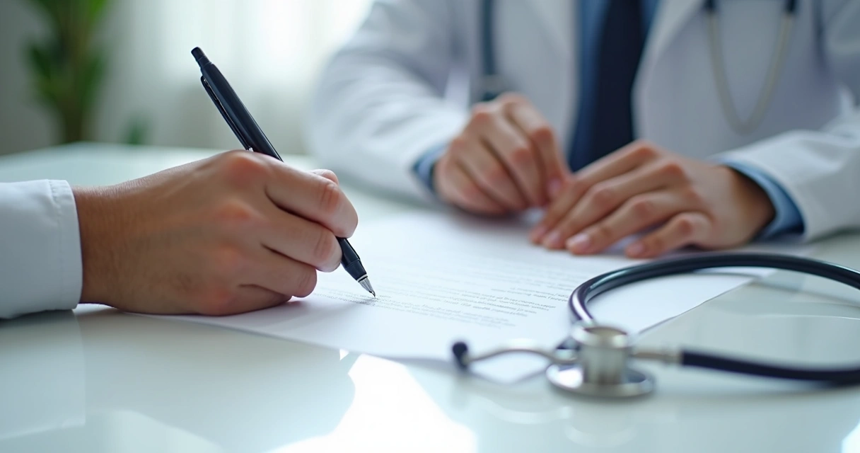Pessoa assinando termo de recusa de tratamento com médico presente 