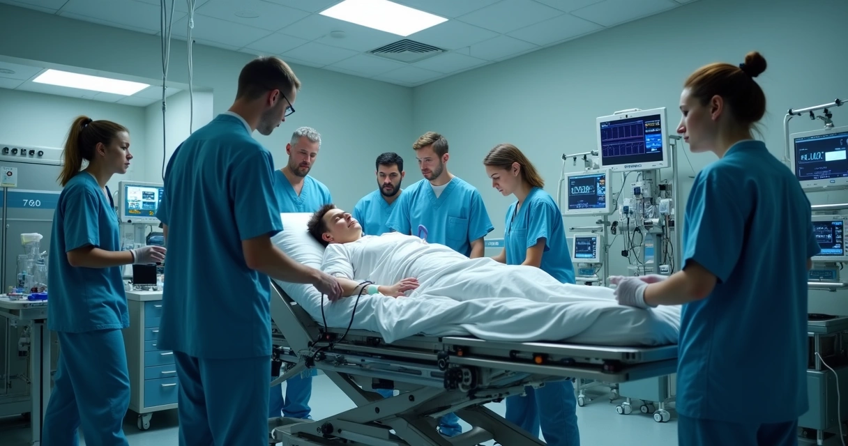 Equipe médica atende paciente em maca na emergência hospitalar 