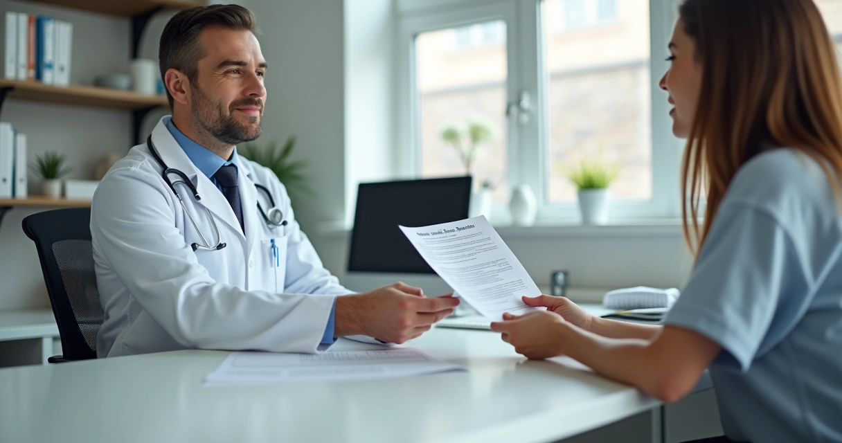 Médico entregando termo de consentimento para paciente em consultório moderno 