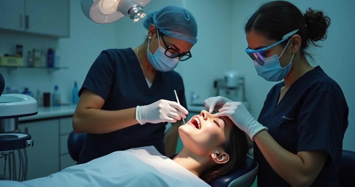 Cirurgião-dentista realizando procedimento estético facial em paciente sentado 