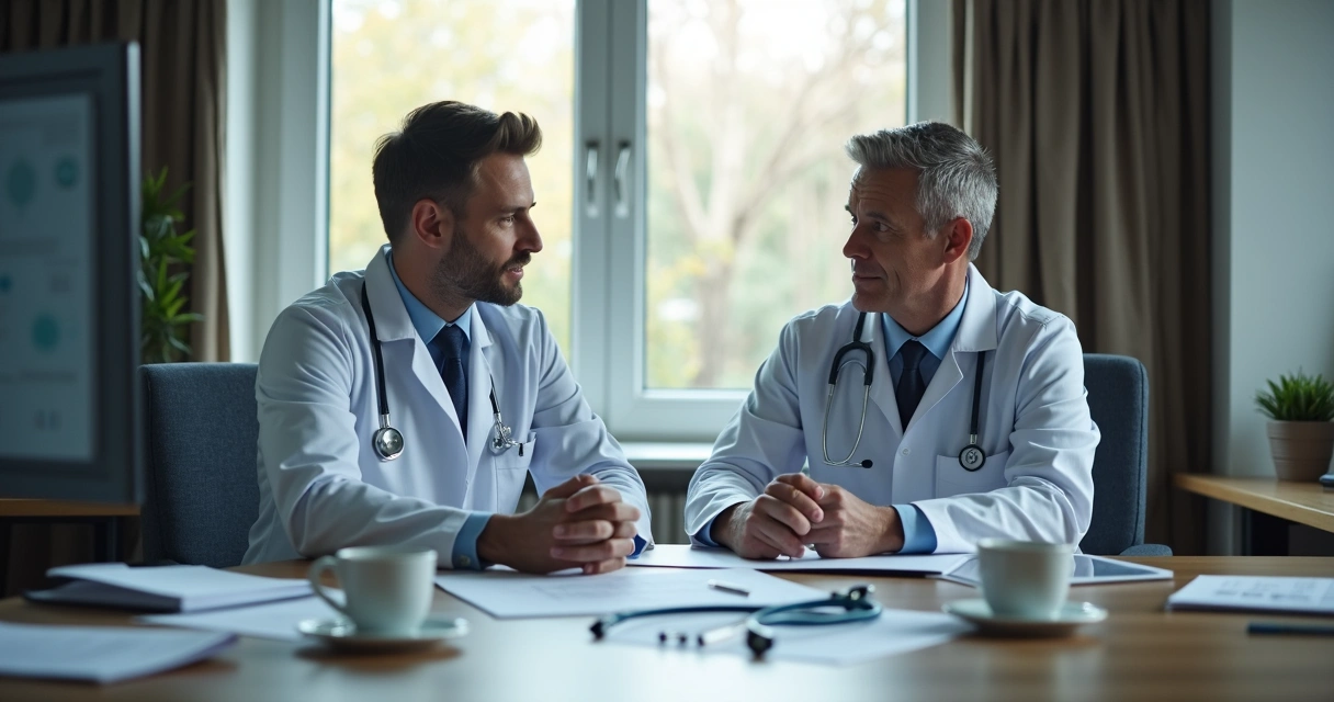 Reunião entre médico e advogado analisando normas do CFM em computador