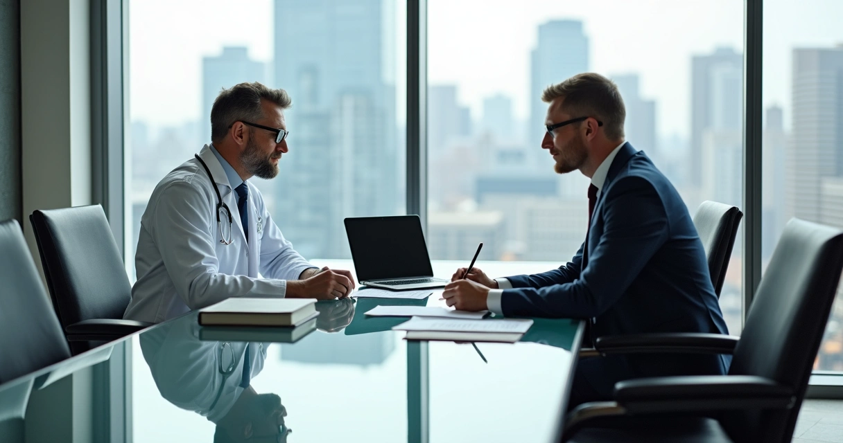 Consulta entre médico e advogado sentados em escritório, discutindo documentos jurídicos. 