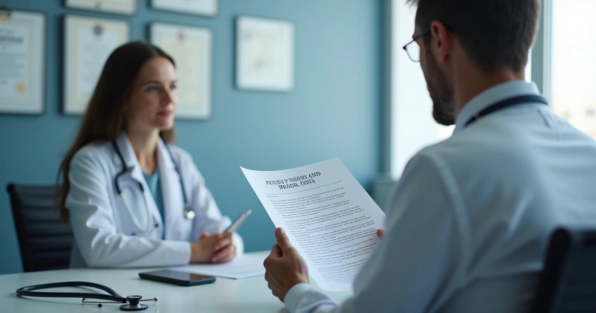 Paciente e médico conversando sobre direitos em consultório 