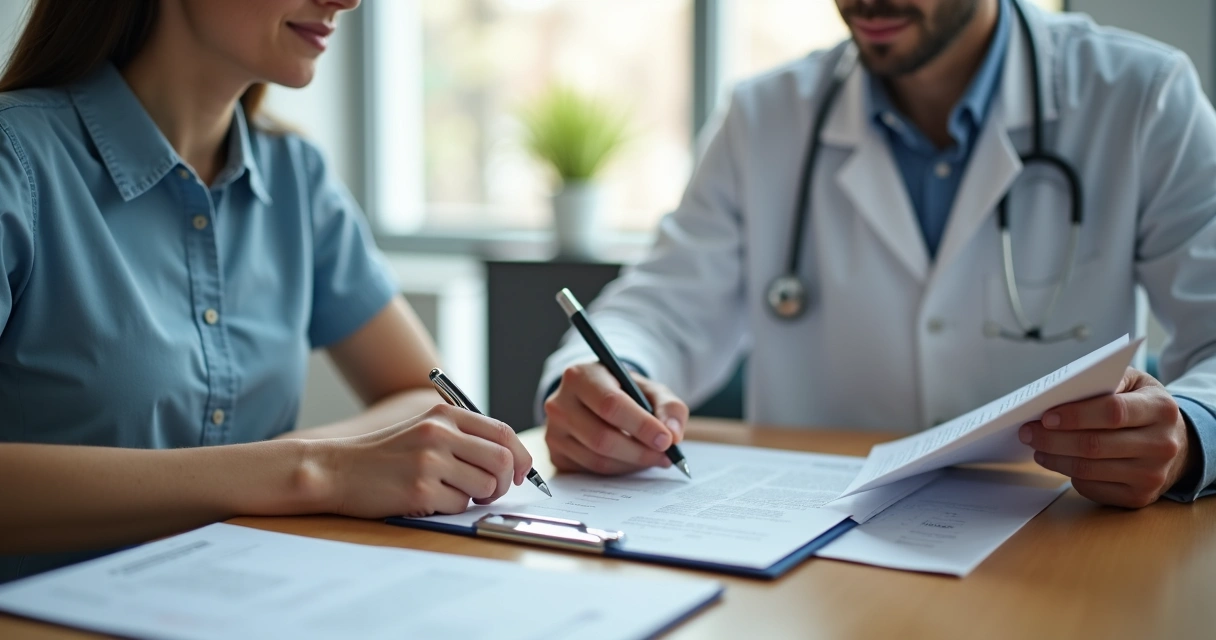 Médico e paciente revisando e assinando documentos na clínica. 