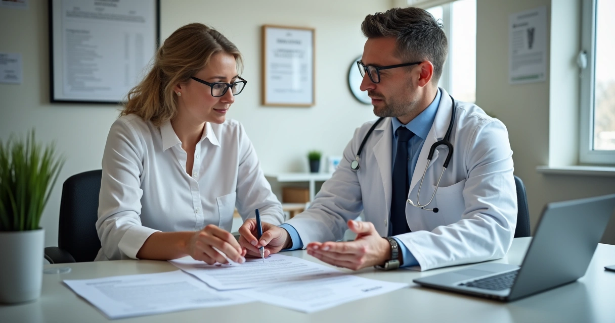 Paciente assinando termo em consulta médica