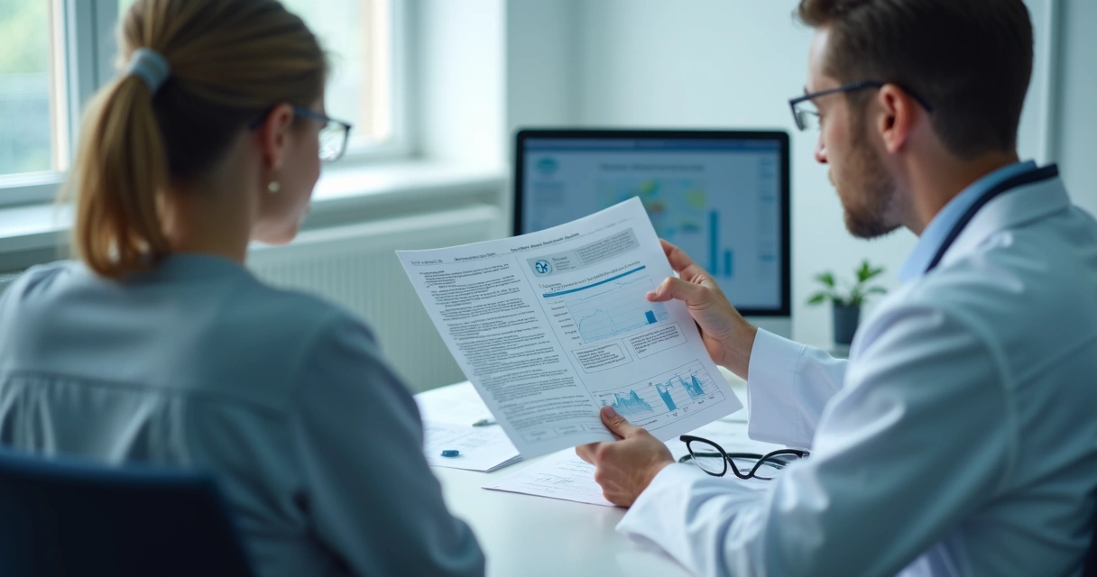 Consulta médica médica profissional conversando com paciente enquanto explica relatório 