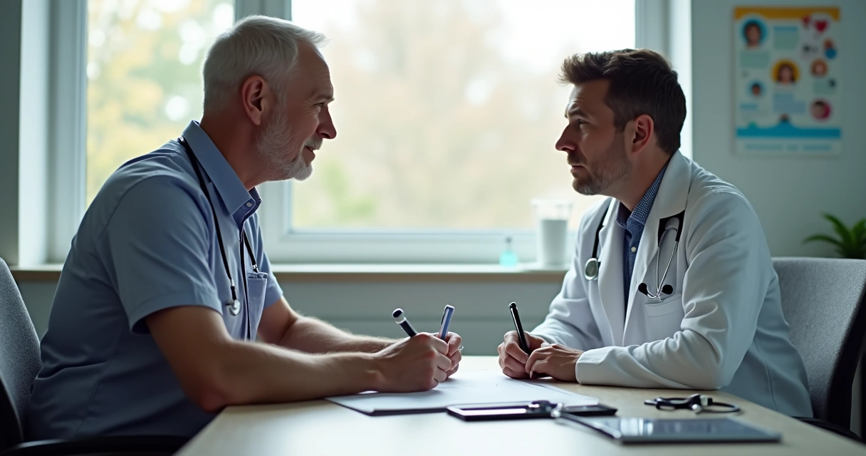 Médico em consulta documentando diálogo clínico detalhado no prontuário. 