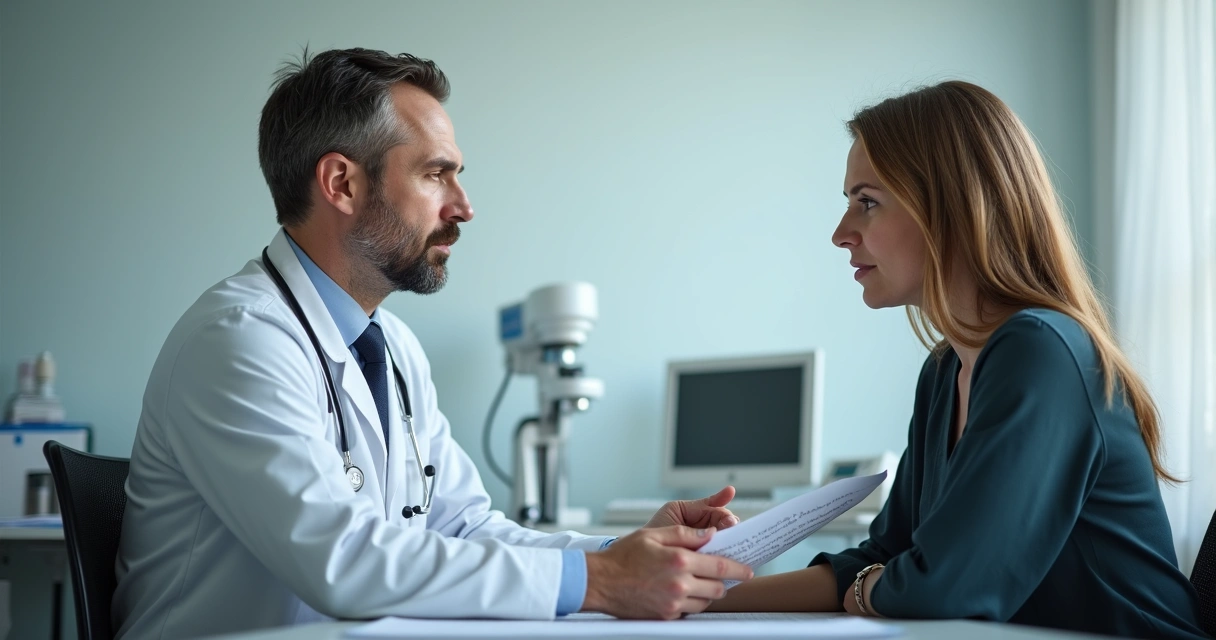 Médico conversando com paciente em consultório sobre emissão de atestado 