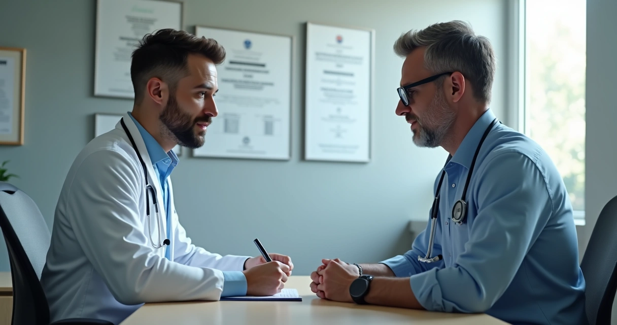 Médico preenchendo prontuário durante atendimento ao paciente 