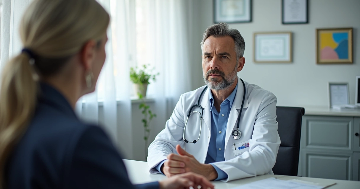 Médico conversando com paciente em consultório com expressão séria.