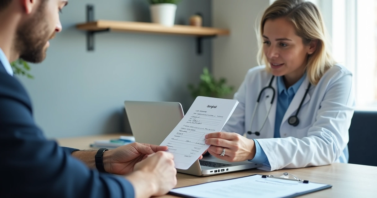 Médico entrega recibo para paciente em consultório, documentos e notebook sobre a mesa, ambiente profissional