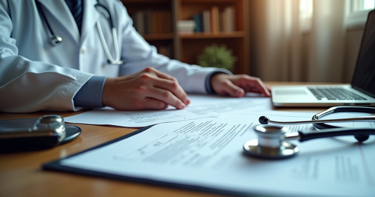Advogado analisando documentos médicos em consultório 
