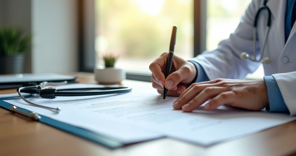 Médico assinando contrato com paciente em consultório 