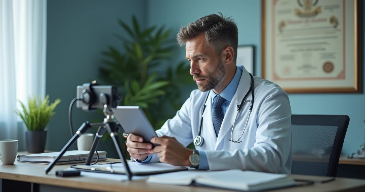 Médico sentado em consultório, gravando vídeo educativo para redes sociais