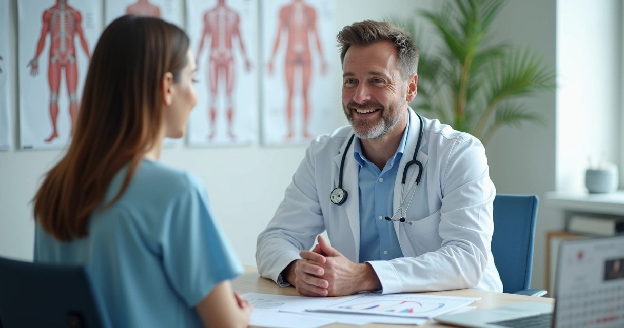 Médico explica opções de assistência à saúde ao paciente em consultório, com fichas e tabelas à mesa 