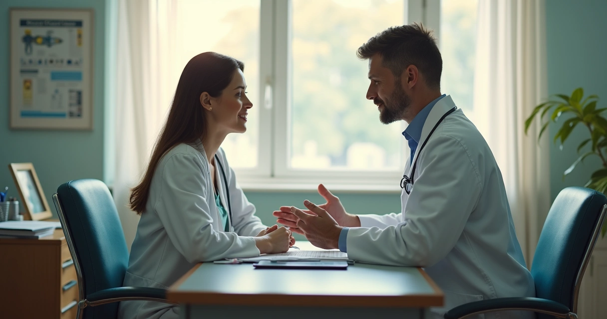 Médico e paciente em consultório tradicional. 