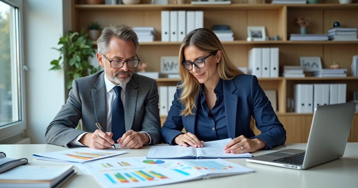 Advogado e contador analisam contratos de saúde com gráficos e documentos na mesa 