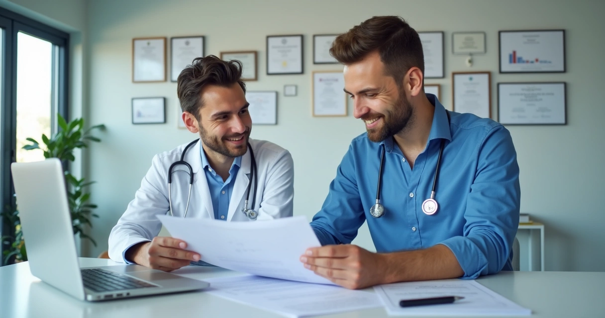 Profissional de saúde ao lado de consultor analisando apólice de seguro em clínica moderna