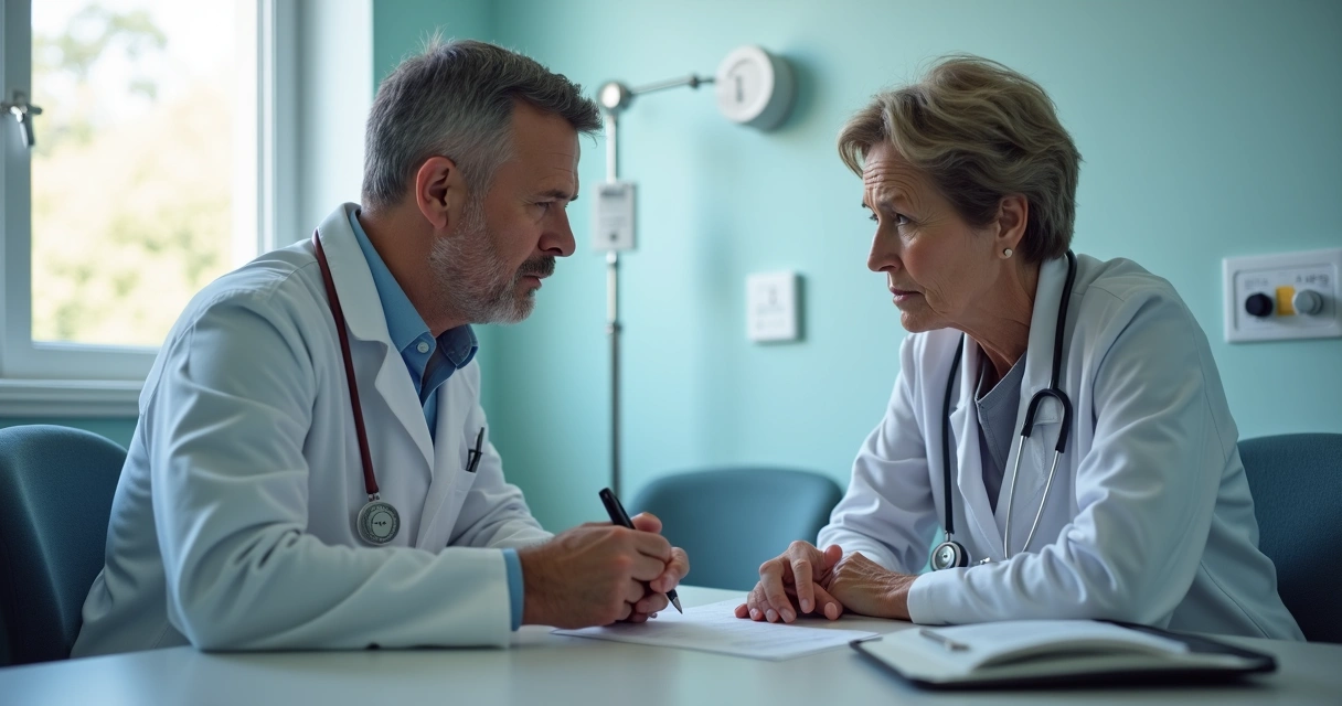 Médico sentado conversando com paciente em ambiente hospitalar, ambos atentos 