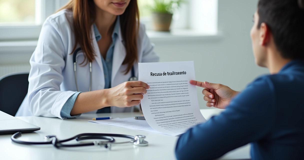 Médico e paciente em discussão formal, ambos sentados, contrato à vista 
