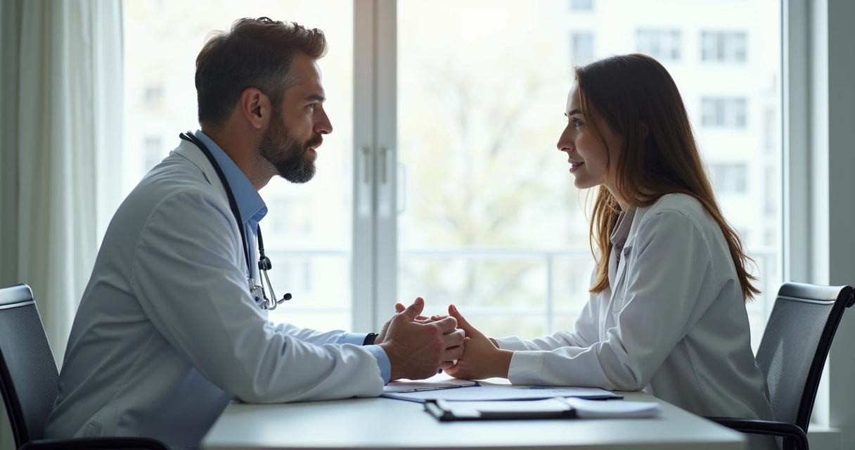 Médico e paciente conversando em consultório, trocando informações com documentos à mesa 