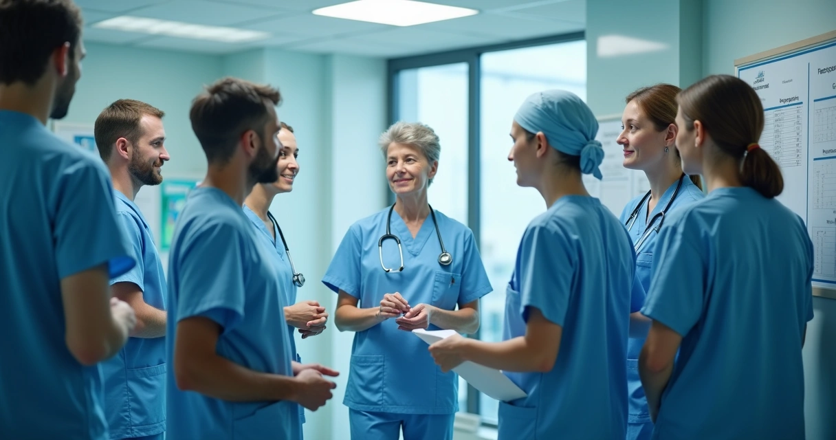 Equipe de plantonistas reunida em sala de hospital 