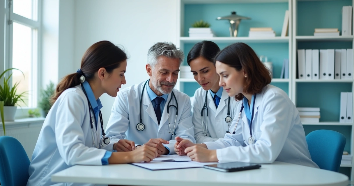 Equipe médica reunida ao redor de computador em consultório 
