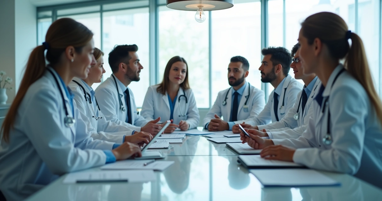 Equipe médica discutindo regras de publicidade em reunião 