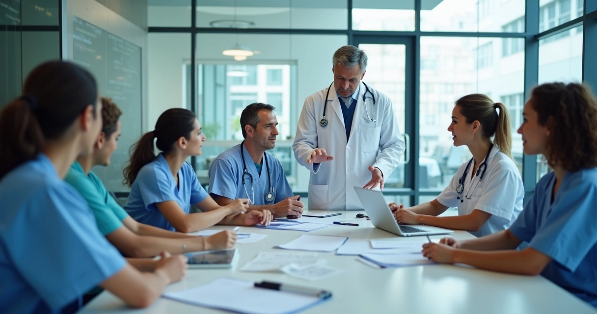 Equipe médica reunida analisando prontuário do paciente 