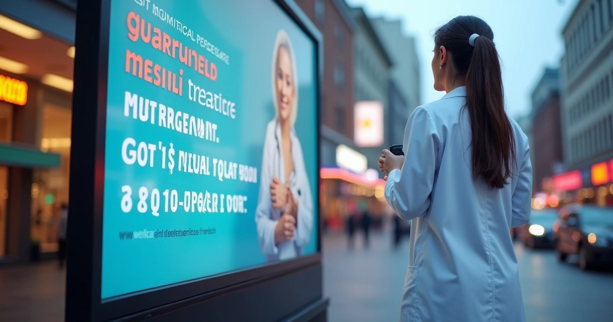 Médico de jaleco ao lado de outdoor de publicidade médica com frases sensacionalistas 